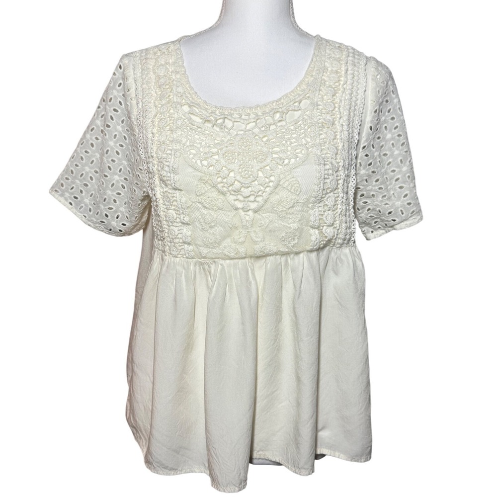 Entro Boho Crochet Lace Eyelet Babydoll Top L Cream Short Sleeve
